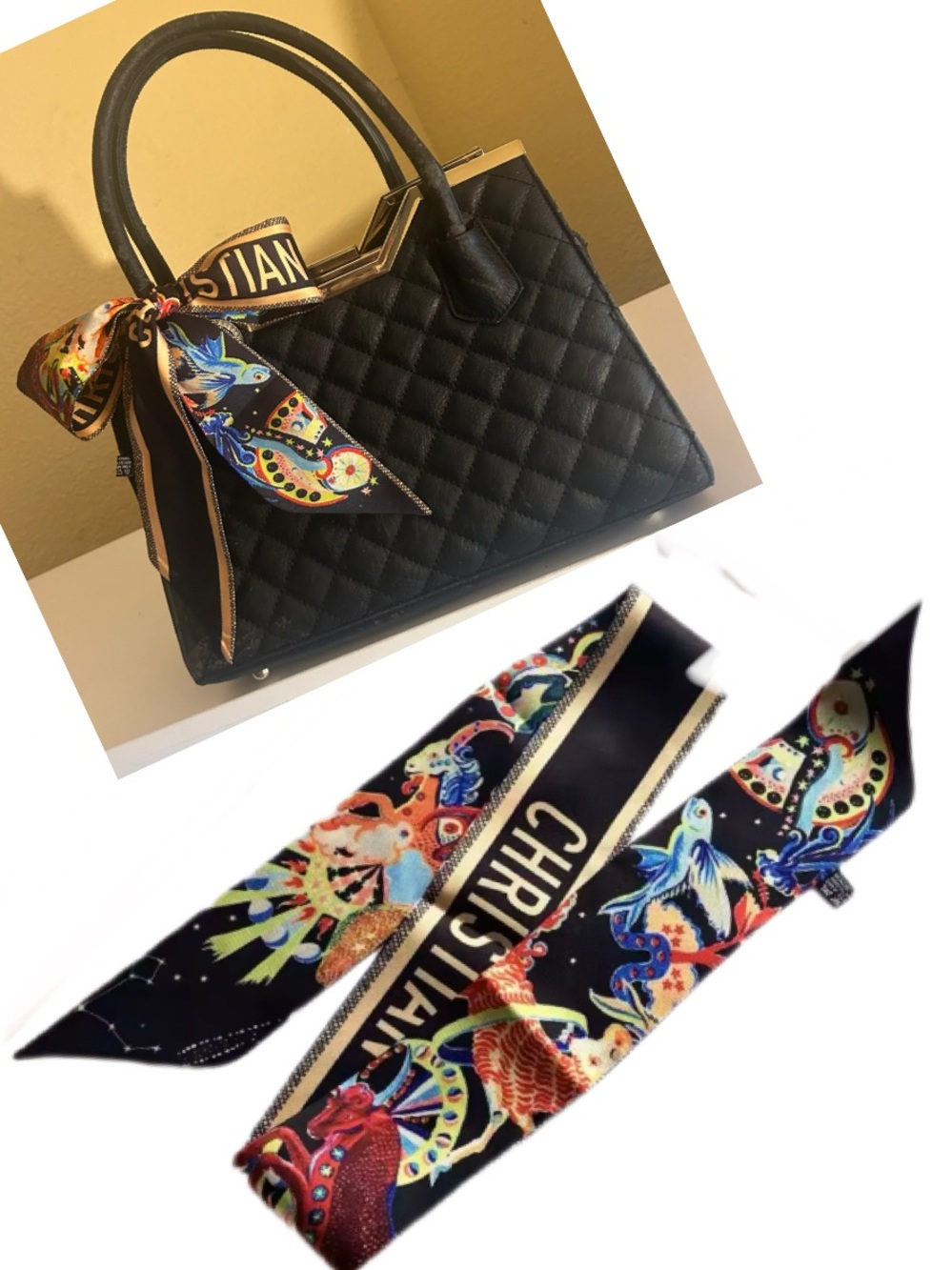 2 in 1 Twilly Women  Purse Scarf Black Gold Blue Yellow Red Reversible Christian